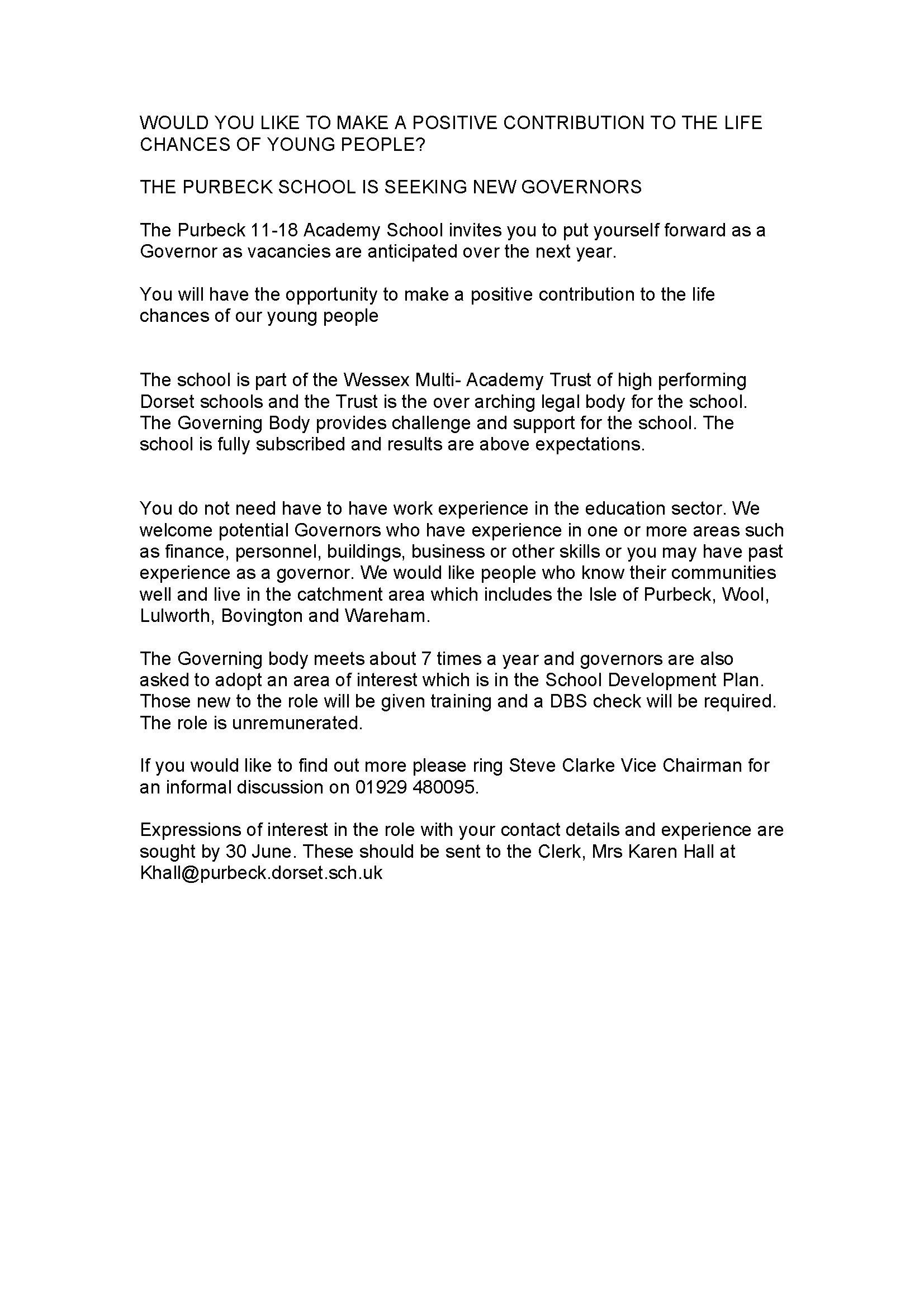 School Governor Recruitment - Wareham Town Council