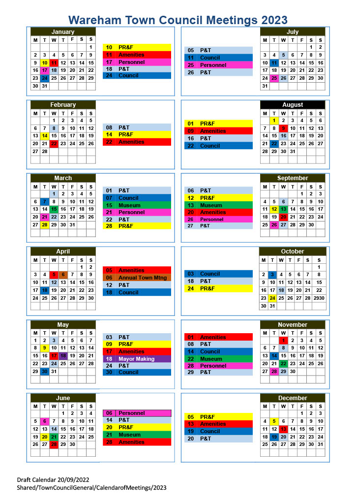 Calendar of Town Council meetings 2023