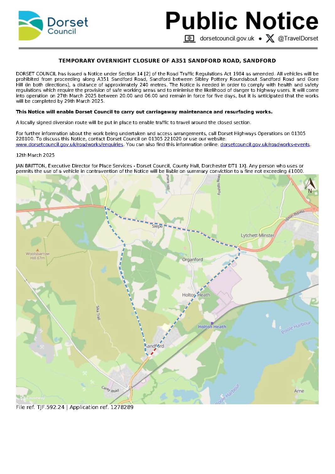 Overnight Road Closure, Sandford Road